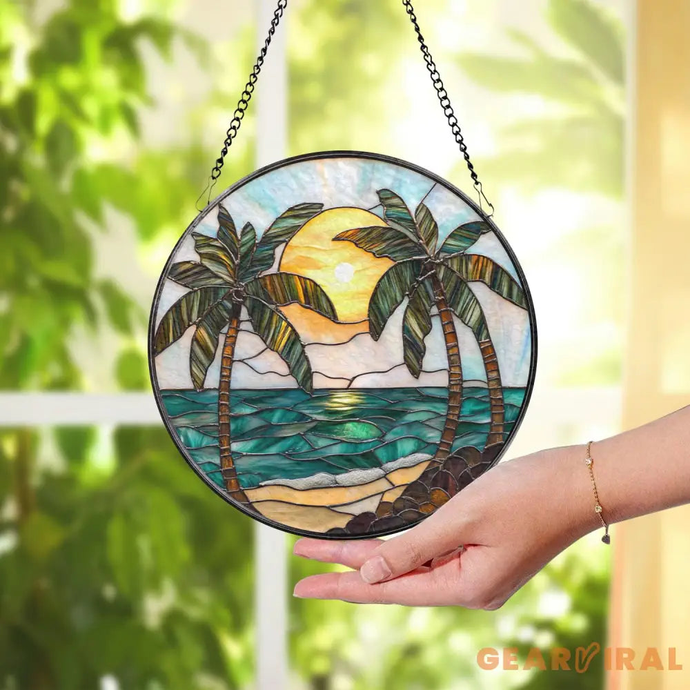 Tropical Palm Tree Stained Glass Suncatcher Beach Sunset Window Hanging Ocean Decor Coastal Gift Beach Lover Art Summer
