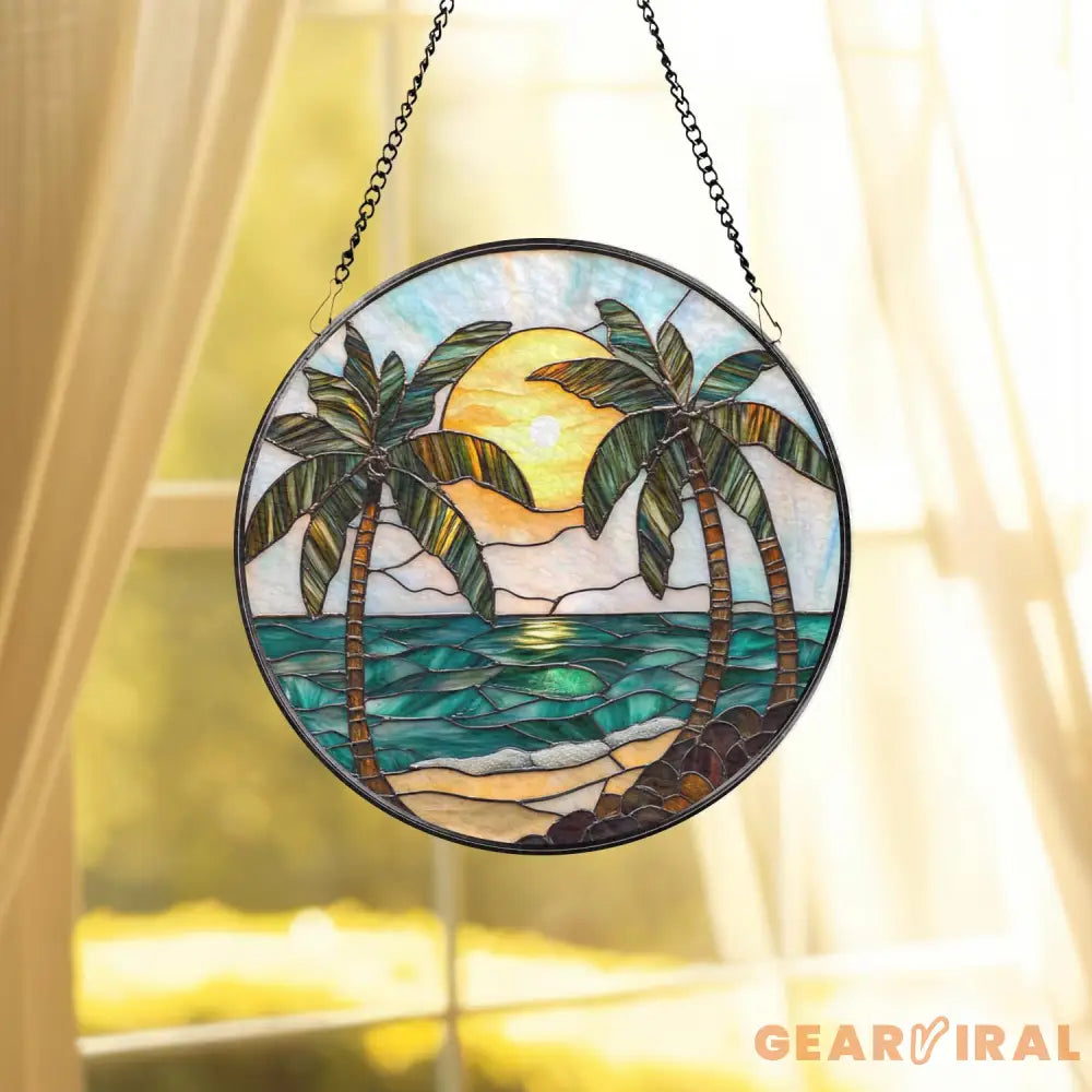 Tropical Palm Tree Stained Glass Suncatcher Beach Sunset Window Hanging Ocean Decor Coastal Gift Beach Lover Art Summer