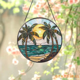 Tropical Palm Tree Stained Glass Suncatcher Beach Sunset Window Hanging Ocean Decor Coastal Gift Beach Lover Art Summer