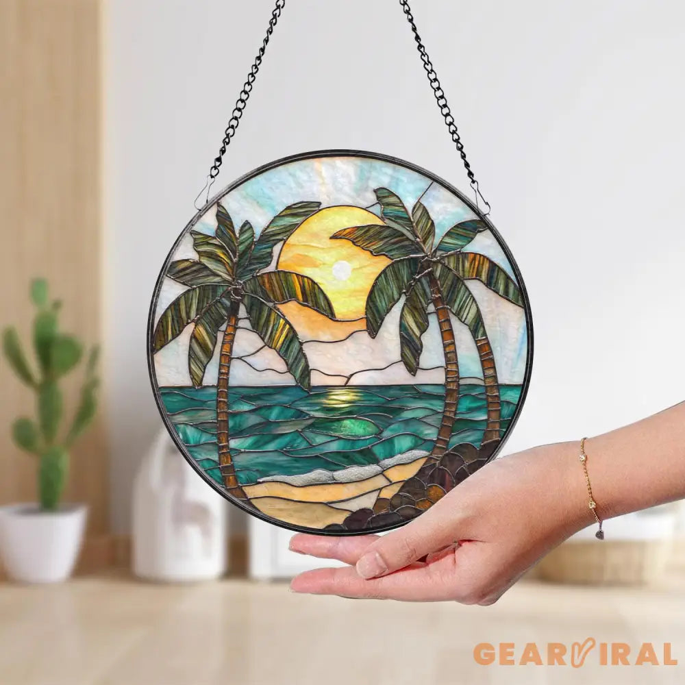 Tropical Palm Tree Stained Glass Suncatcher Beach Sunset Window Hanging Ocean Decor Coastal Gift Beach Lover Art Summer