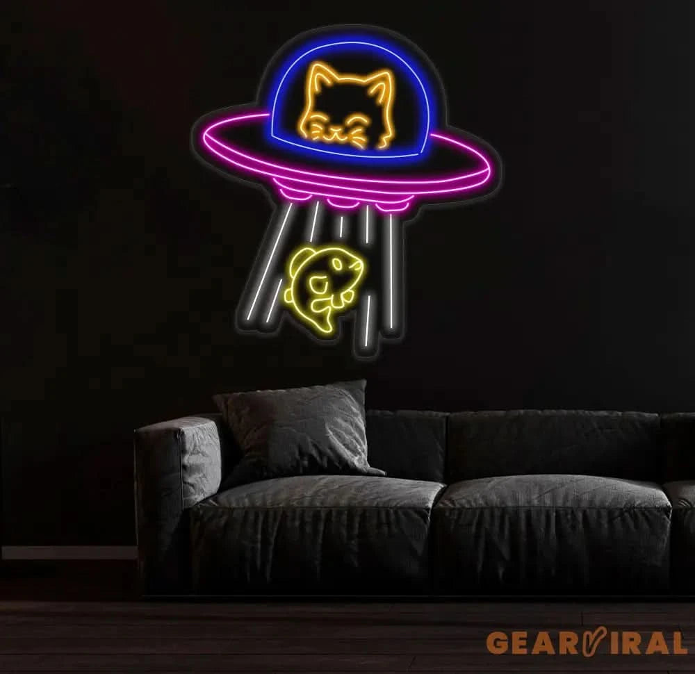UFO Cat Abduction Fish Neon Sign Custom Neon Sign UFO Lamp Ufo Cat LED Light Animal Lover Neon Light Gift for Kids