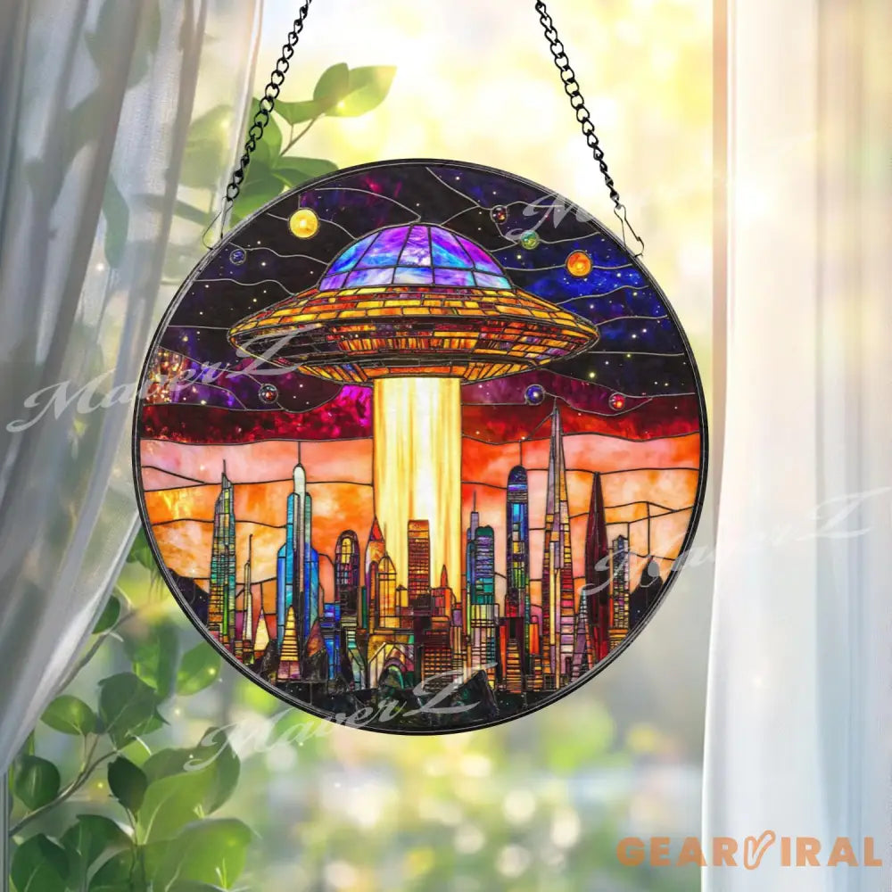 UFO Stained Glass Suncatcher Alien Spaceship Window Hanging Sci-Fi Space Decor Futuristic City Skyline Art Gift for
