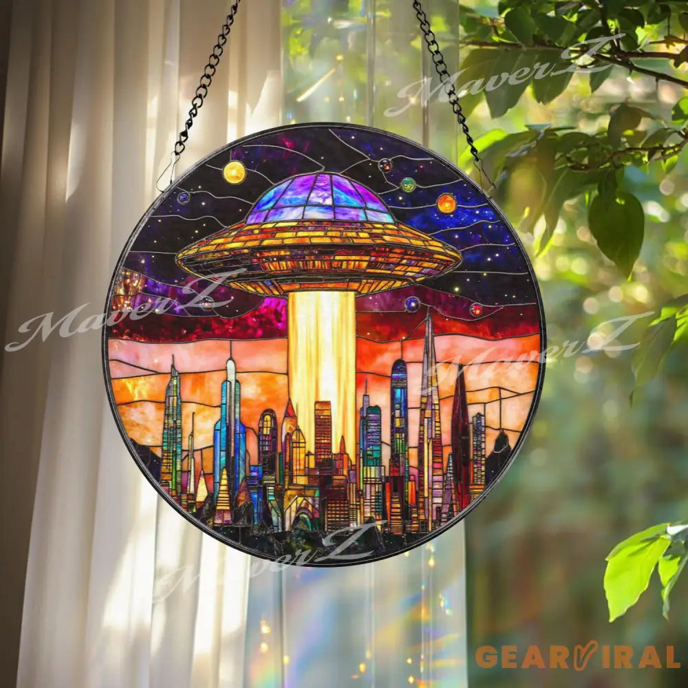 UFO Stained Glass Suncatcher Alien Spaceship Window Hanging Sci-Fi Space Decor Futuristic City Skyline Art Gift for