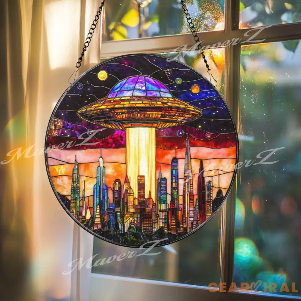 UFO Stained Glass Suncatcher Alien Spaceship Window Hanging Sci-Fi Space Decor Futuristic City Skyline Art Gift for