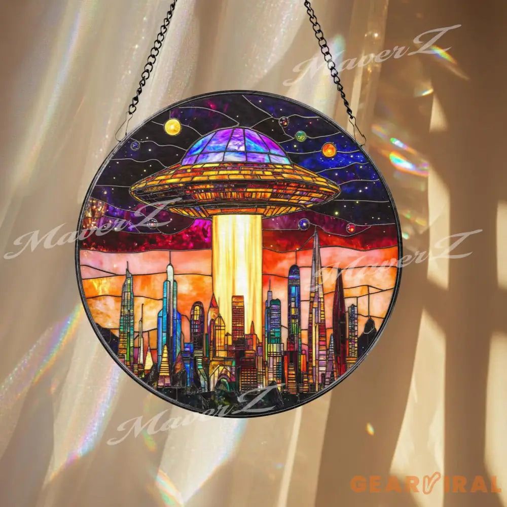 UFO Stained Glass Suncatcher Alien Spaceship Window Hanging Sci-Fi Space Decor Futuristic City Skyline Art Gift for