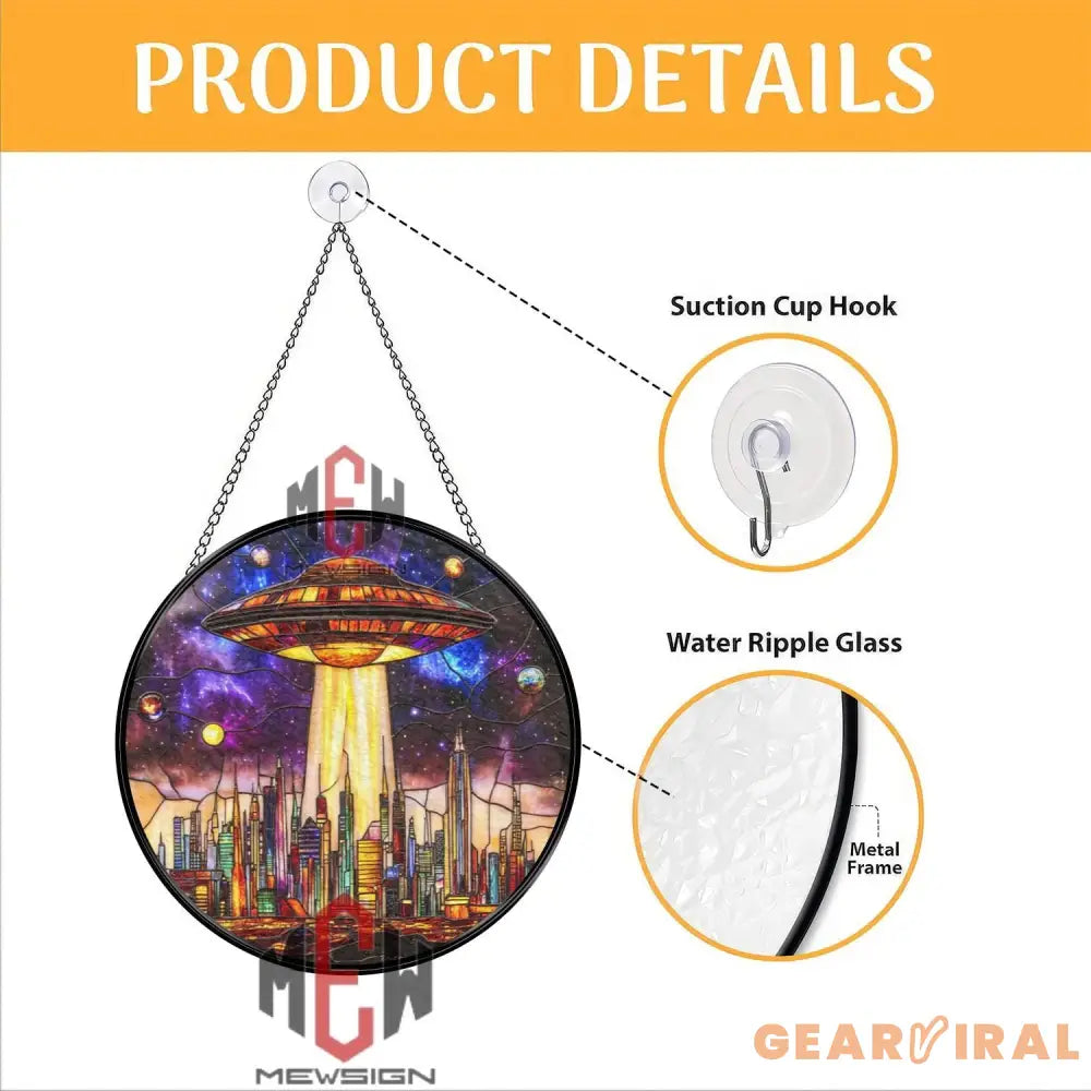 UFO Stained Glass Suncatcher Sci-Fi Alien Spaceship Window Panel Futuristic City Skyline Art Galaxy Outer Space Gift