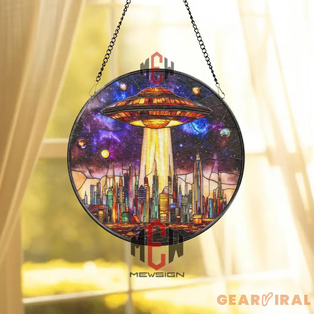 UFO Stained Glass Suncatcher Sci-Fi Alien Spaceship Window Panel Futuristic City Skyline Art Galaxy Outer Space Gift