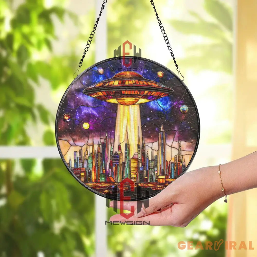 UFO Stained Glass Suncatcher Sci-Fi Alien Spaceship Window Panel Futuristic City Skyline Art Galaxy Outer Space Gift