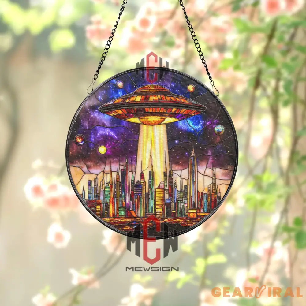 UFO Stained Glass Suncatcher Sci-Fi Alien Spaceship Window Panel Futuristic City Skyline Art Galaxy Outer Space Gift