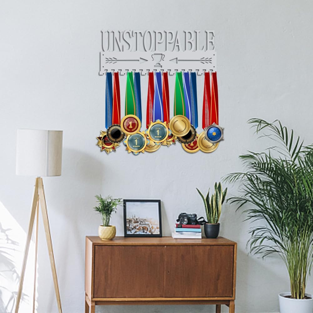 Unstoppable Medal Holder Silver Medals Display Frame 17 Hooks Medals Display Metal Medal Rack Holder Sport Awards Ribbon Holder Wall Mount Award Rack for Medals Athletes Men Women | GearViral