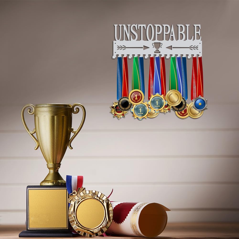 Unstoppable Medal Holder Silver Medals Display Frame 17 Hooks Medals Display Metal Medal Rack Holder Sport Awards Ribbon Holder Wall Mount Award Rack for Medals Athletes Men Women | GearViral