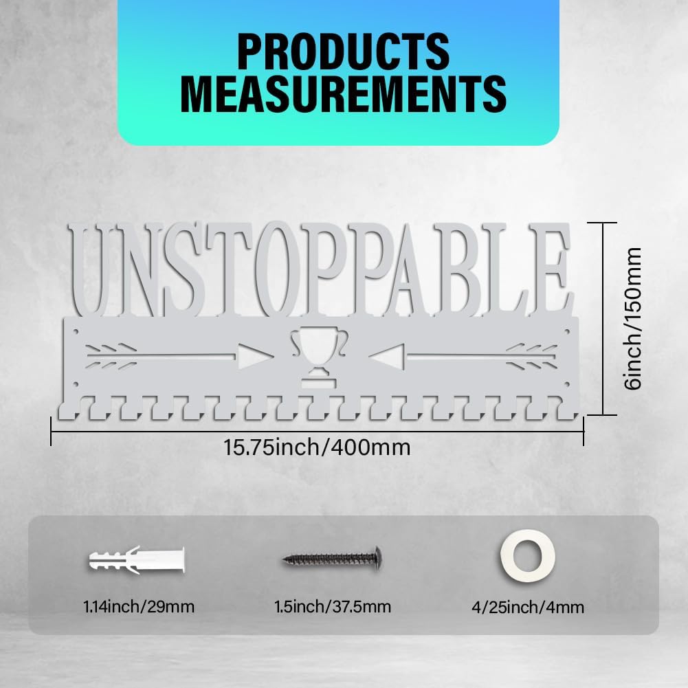 Unstoppable Medal Holder Silver Medals Display Frame 17 Hooks Medals Display Metal Medal Rack Holder Sport Awards Ribbon Holder Wall Mount Award Rack for Medals Athletes Men Women | GearViral
