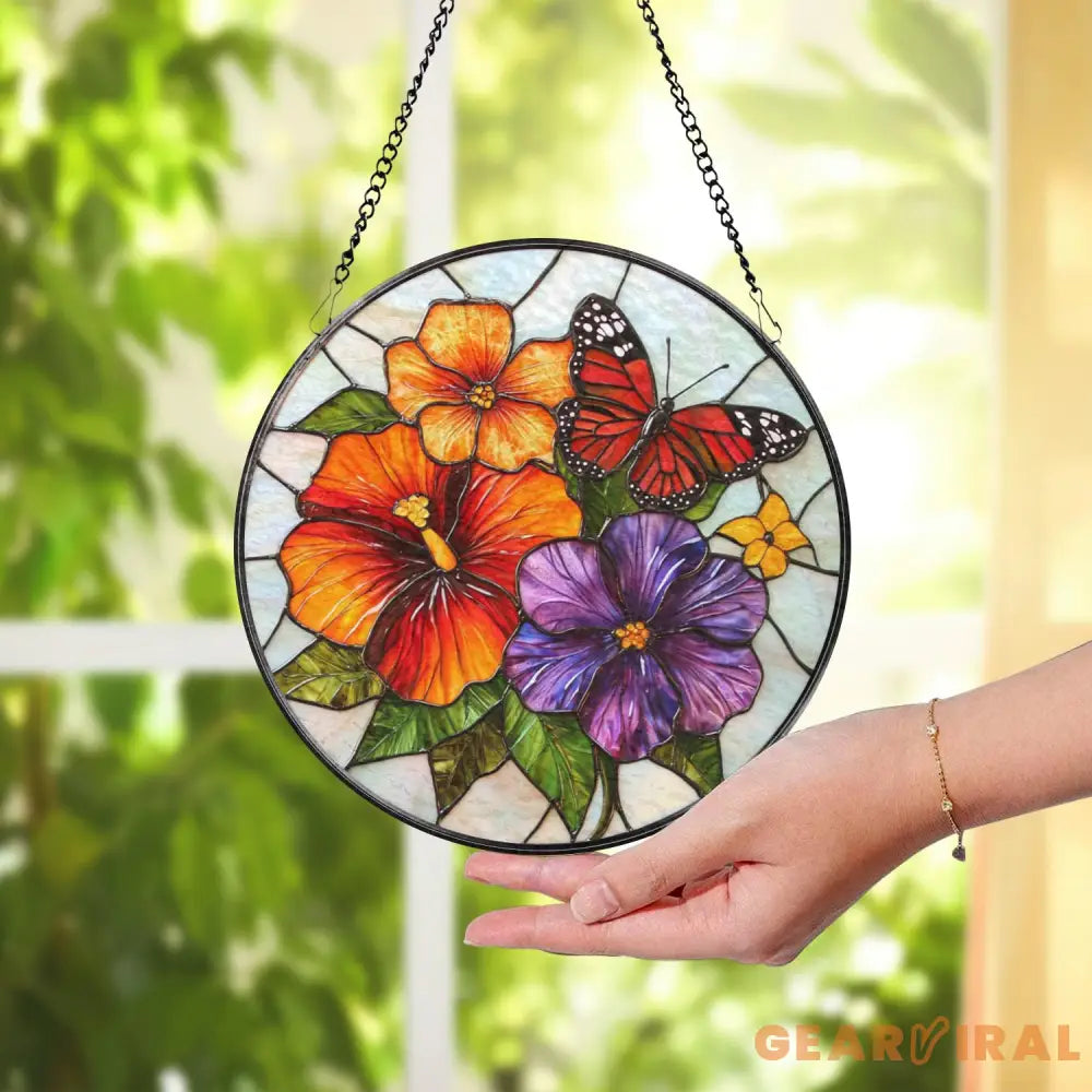 Vibrant Floral and Butterfly Stained Glass Suncatcher Colorful Garden Flower Window Hanging Summer Glass Art Gift for