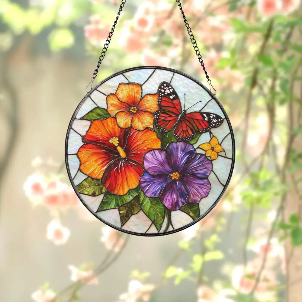 Vibrant Floral and Butterfly Stained Glass Suncatcher Colorful Garden Flower Window Hanging Summer Glass Art Gift for