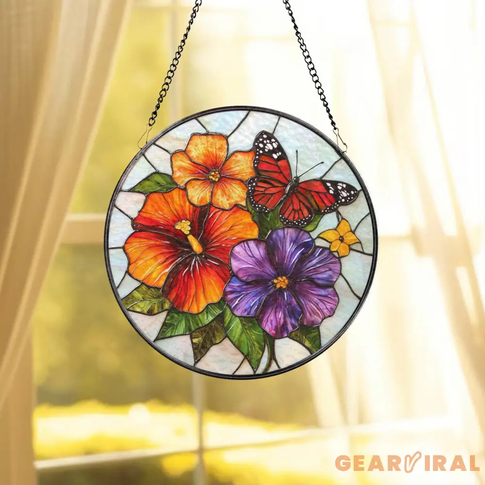 Vibrant Floral and Butterfly Stained Glass Suncatcher Colorful Garden Flower Window Hanging Summer Glass Art Gift for