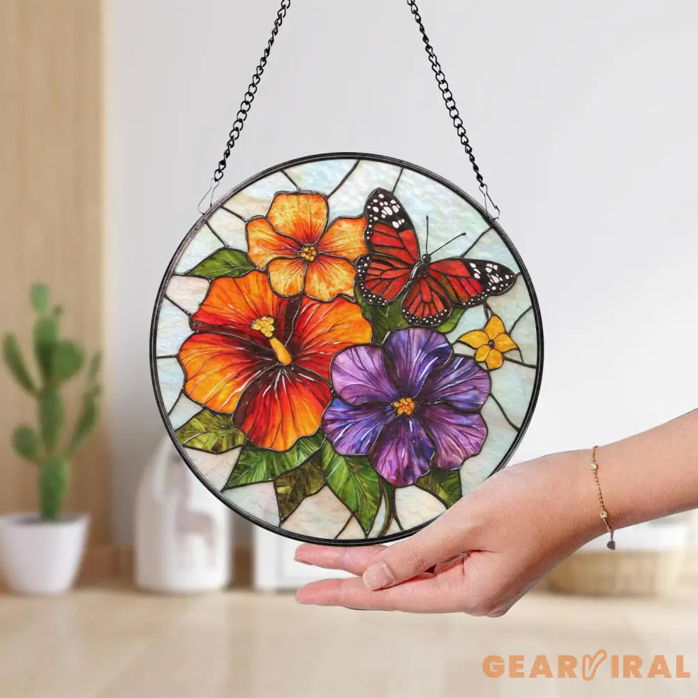 Vibrant Floral and Butterfly Stained Glass Suncatcher Colorful Garden Flower Window Hanging Summer Glass Art Gift for