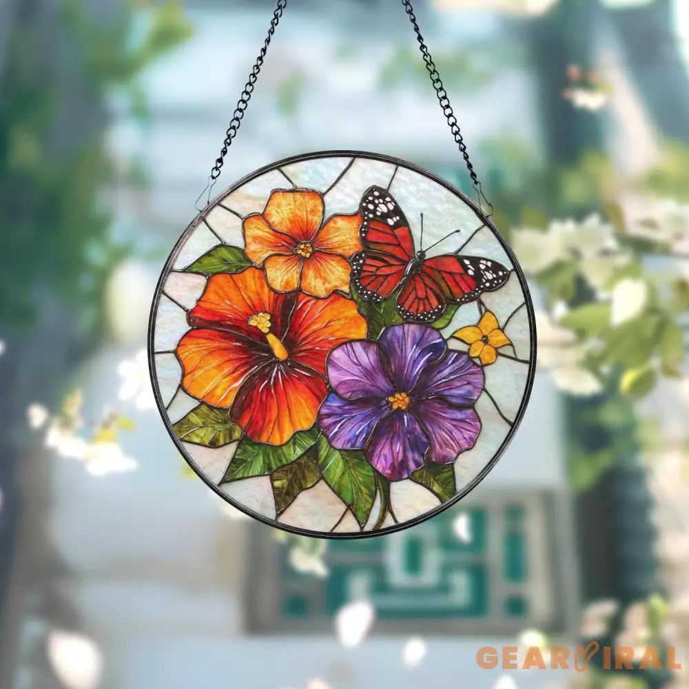 Vibrant Floral and Butterfly Stained Glass Suncatcher Colorful Garden Flower Window Hanging Summer Glass Art Gift for