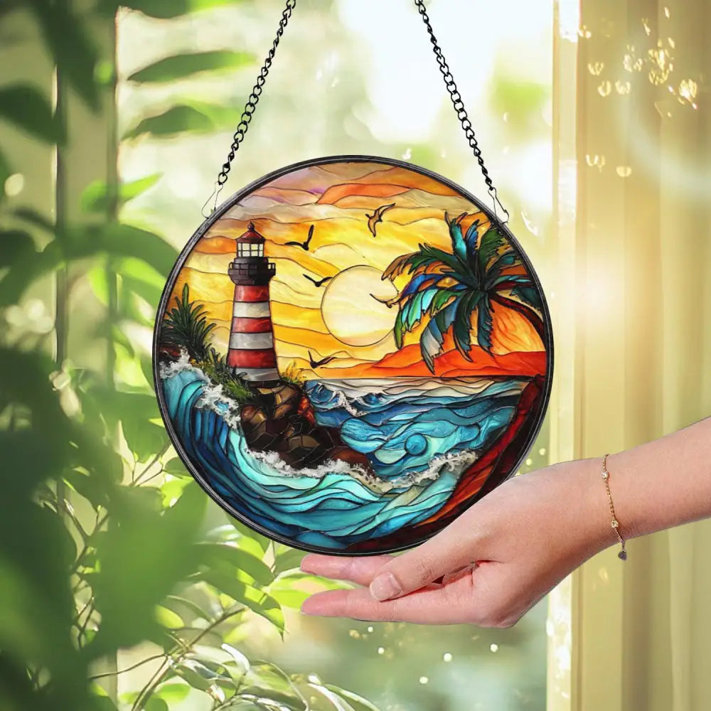 Vibrant Lighthouse Suncatcher Ornament Stained Glass Lighthouse Beach Home Decor Nautical Gift Housewarming Gift Ocean