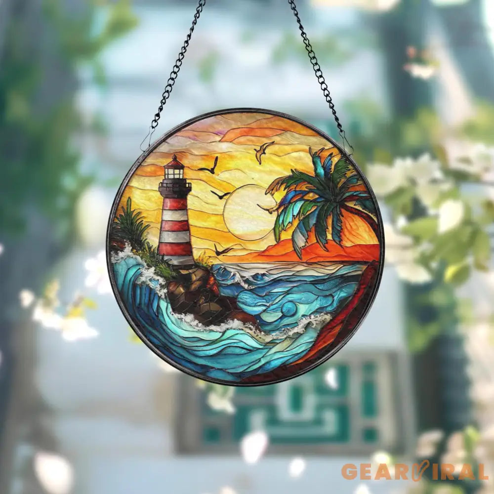 Vibrant Lighthouse Suncatcher Ornament Stained Glass Lighthouse Beach Home Decor Nautical Gift Housewarming Gift Ocean