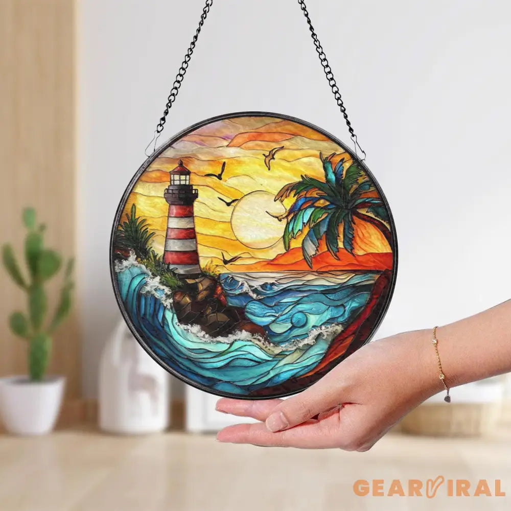 Vibrant Lighthouse Suncatcher Ornament Stained Glass Lighthouse Beach Home Decor Nautical Gift Housewarming Gift Ocean