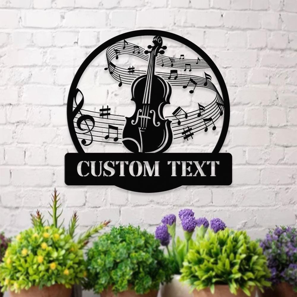Violin Harmony: Laser-Cut Metal Art with Musical Staff -Monograms Family Name Metal Sign with LED Lights, Personalized Family Name Metal