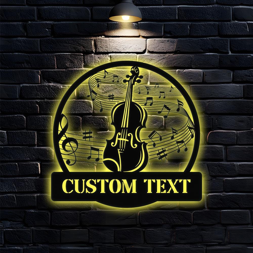 Violin Harmony: Laser-Cut Metal Art with Musical Staff -Monograms Family Name Metal Sign with LED Lights, Personalized Family Name Metal