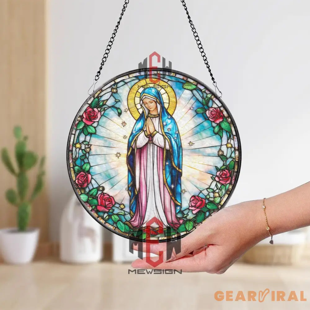 Virgin Mary Stained Glass Suncatcher Our Lady of Guadalupe Window Hanging Religious Glass Panel Catholic Gift Holy