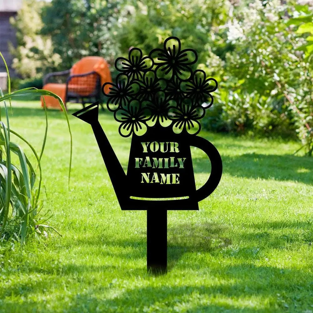 Watering Can Family Name Garden Metal Stake Personalized Family Name Yard Sign Outdoor Door Decor Garden Art Gift for