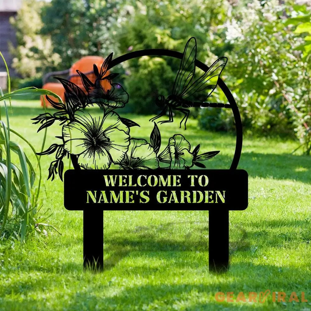 Welcome To My Garden Sign Personalized Dragonfly Garden Stake Metal Garden Sign Gardener Name Sign Gardener Gift