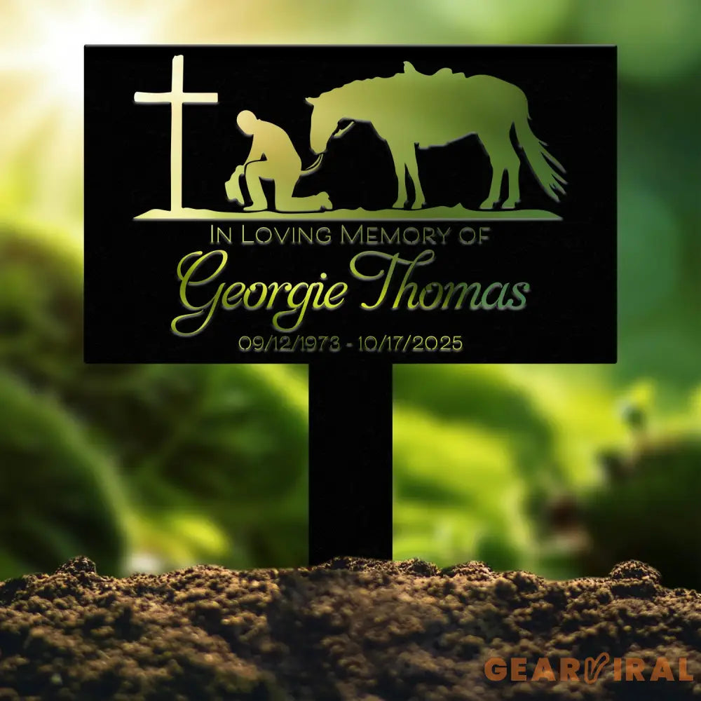 Western Cowboy Memorial Plaque with Horse and Cross - Personalized Grave Marker for Outdoor Yard - Custom Cowboy Metal