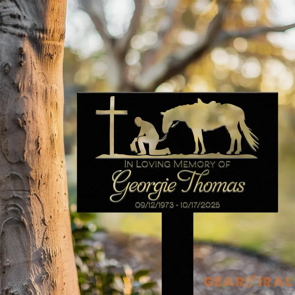 Western Cowboy Memorial Plaque with Horse and Cross - Personalized Grave Marker for Outdoor Yard - Custom Cowboy Metal