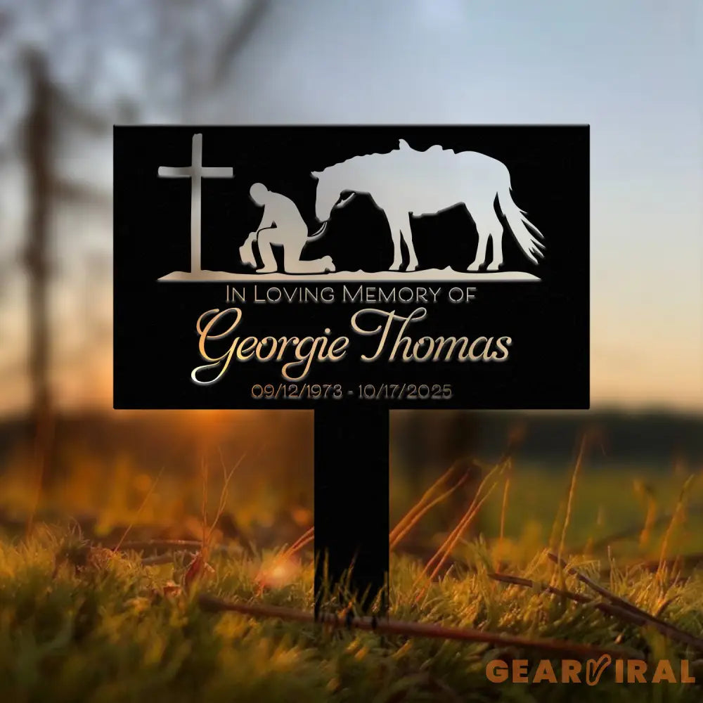 Western Cowboy Memorial Plaque with Horse and Cross - Personalized Grave Marker for Outdoor Yard - Custom Cowboy Metal