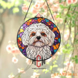 White Dog Stained Glass Suncatcher Cute Maltese Dog Window Hanging Round Pet Portrait Glass Panel Puppy Lover Gift Dog
