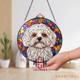 White Dog Stained Glass Suncatcher Cute Maltese Dog Window Hanging Round Pet Portrait Glass Panel Puppy Lover Gift Dog