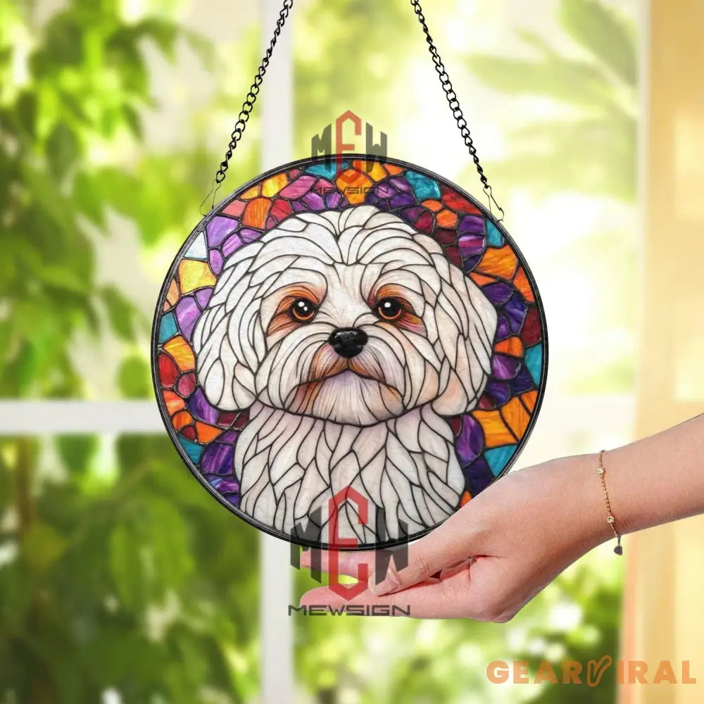 White Dog Stained Glass Suncatcher Cute Maltese Dog Window Hanging Round Pet Portrait Glass Panel Puppy Lover Gift Dog