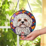 White Dog Stained Glass Suncatcher Cute Maltese Dog Window Hanging Round Pet Portrait Glass Panel Puppy Lover Gift Dog