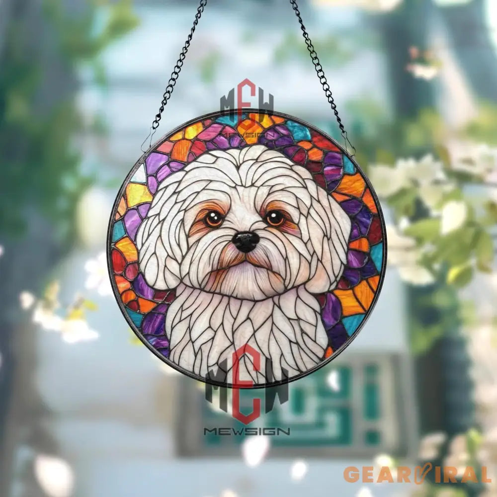 White Dog Stained Glass Suncatcher Cute Maltese Dog Window Hanging Round Pet Portrait Glass Panel Puppy Lover Gift Dog