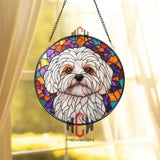 White Dog Stained Glass Suncatcher Cute Maltese Dog Window Hanging Round Pet Portrait Glass Panel Puppy Lover Gift Dog