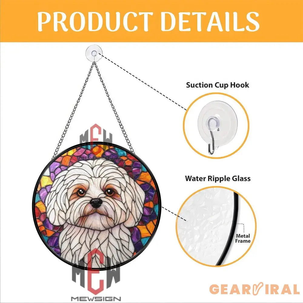 White Dog Stained Glass Suncatcher Cute Maltese Dog Window Hanging Round Pet Portrait Glass Panel Puppy Lover Gift Dog