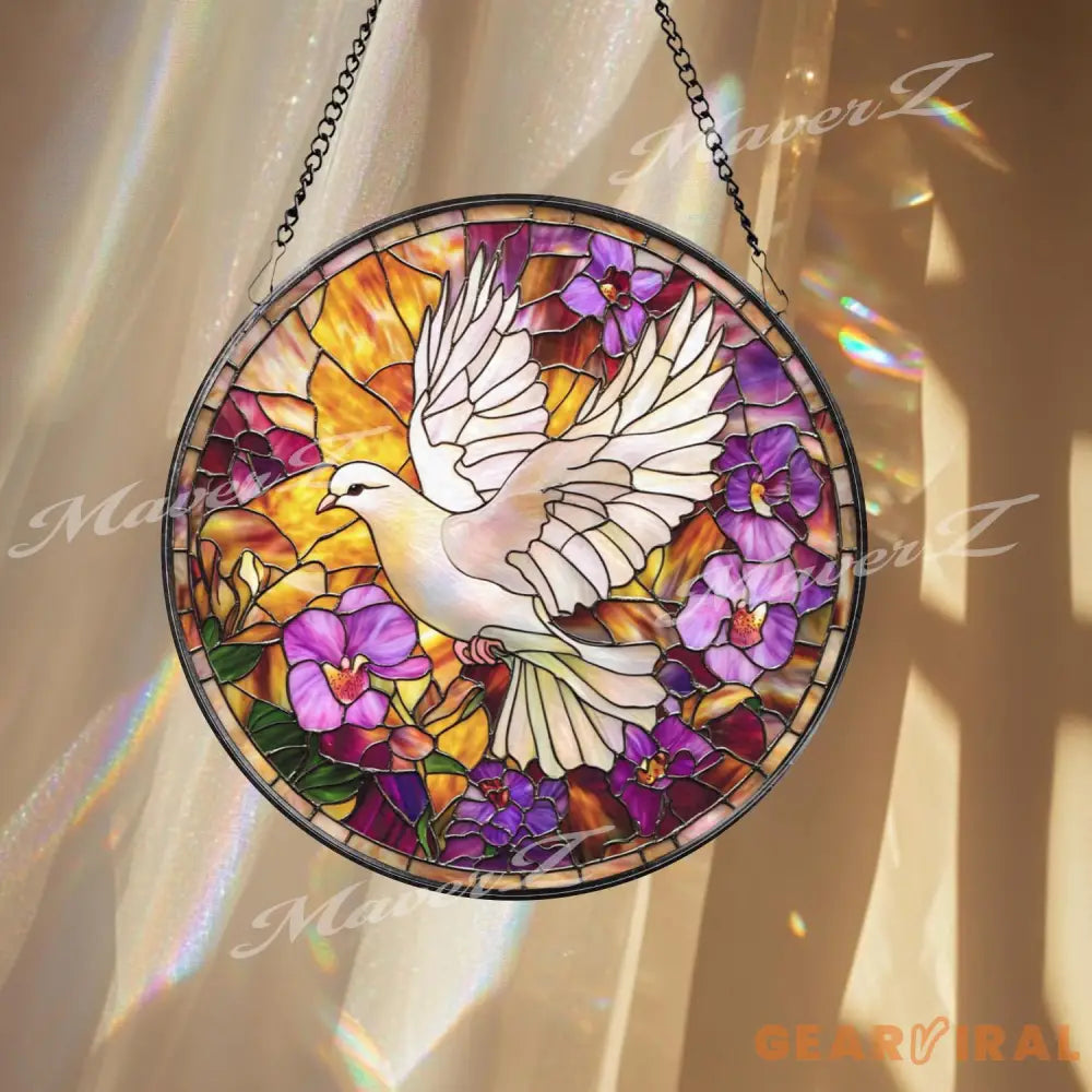 White Dove Stained Glass Suncatcher Peace Bird Window Hanging Floral Violet Panel Serenity Home Decor Spiritual Sun