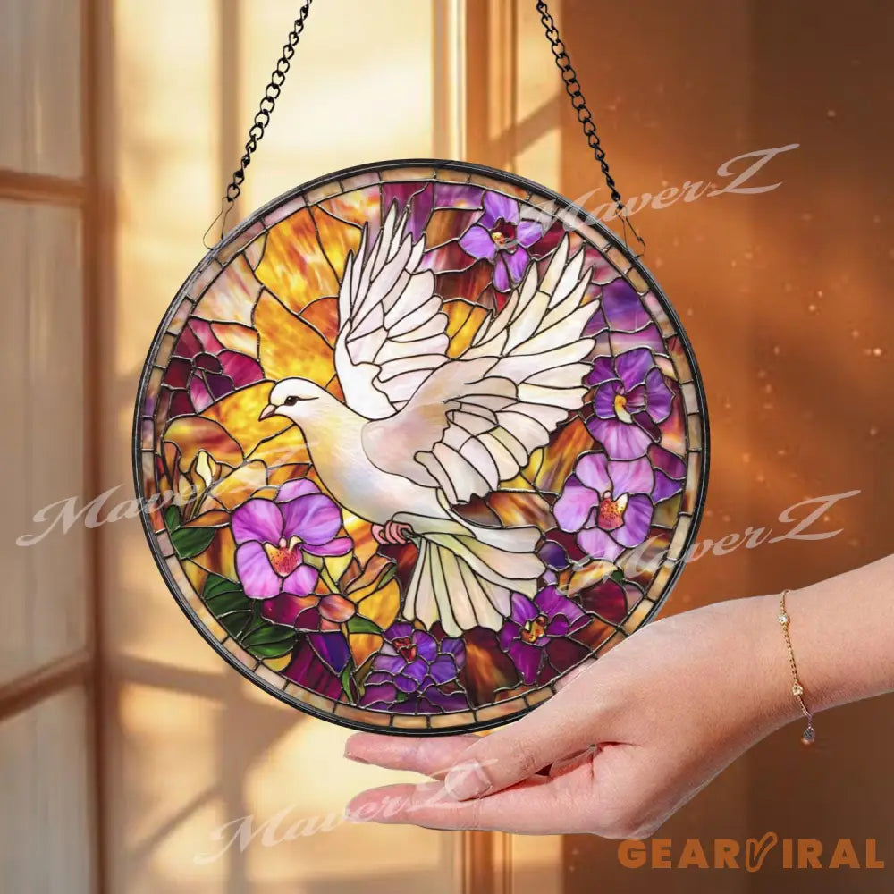 White Dove Stained Glass Suncatcher Peace Bird Window Hanging Floral Violet Panel Serenity Home Decor Spiritual Sun