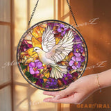 White Dove Stained Glass Suncatcher Peace Bird Window Hanging Floral Violet Panel Serenity Home Decor Spiritual Sun
