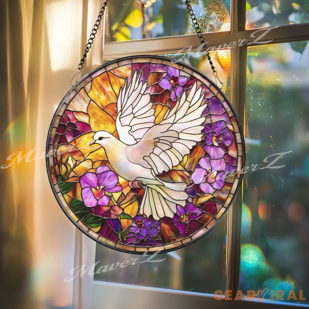 White Dove Stained Glass Suncatcher Peace Bird Window Hanging Floral Violet Panel Serenity Home Decor Spiritual Sun