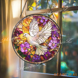 White Dove Stained Glass Suncatcher Peace Bird Window Hanging Floral Violet Panel Serenity Home Decor Spiritual Sun