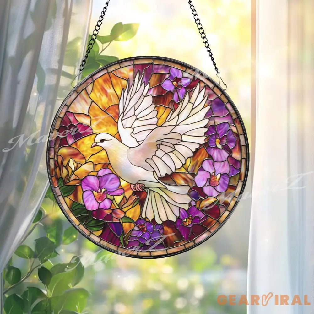 White Dove Stained Glass Suncatcher Peace Bird Window Hanging Floral Violet Panel Serenity Home Decor Spiritual Sun