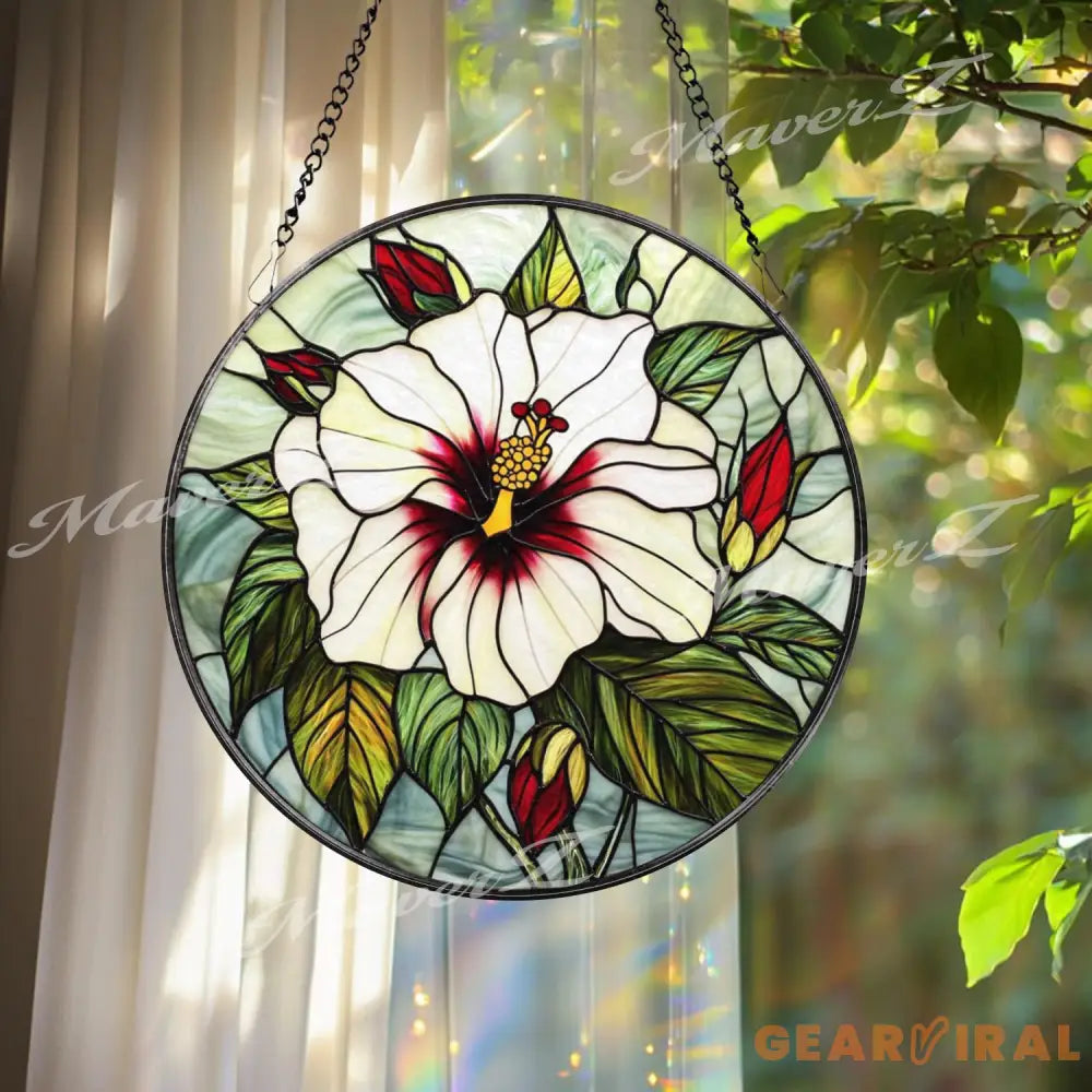 White Hibiscus Stained Glass Suncatcher Elegant Tropical Flower Window Hanging Botanical Floral Decor Gift for Garden