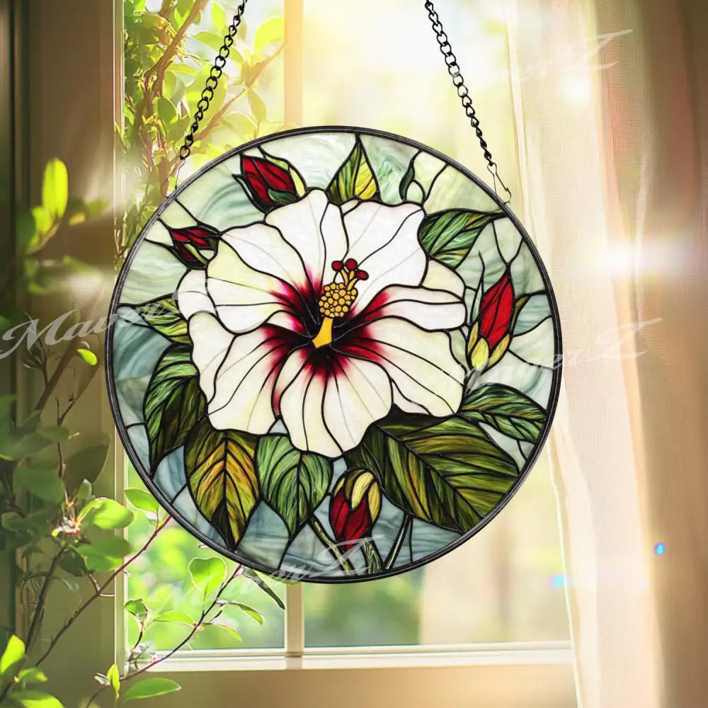 White Hibiscus Stained Glass Suncatcher Elegant Tropical Flower Window Hanging Botanical Floral Decor Gift for Garden