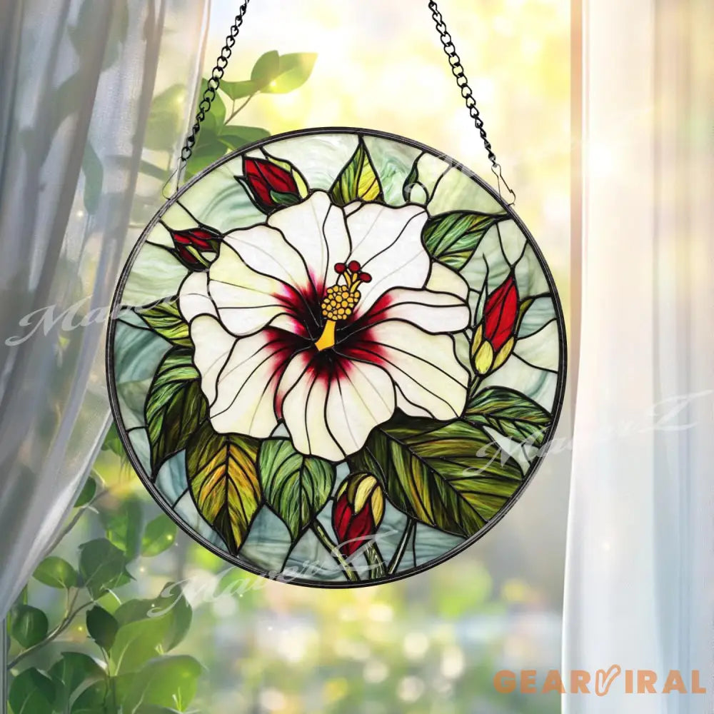 White Hibiscus Stained Glass Suncatcher Elegant Tropical Flower Window Hanging Botanical Floral Decor Gift for Garden