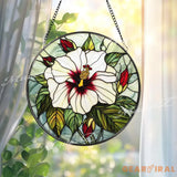 White Hibiscus Stained Glass Suncatcher Elegant Tropical Flower Window Hanging Botanical Floral Decor Gift for Garden
