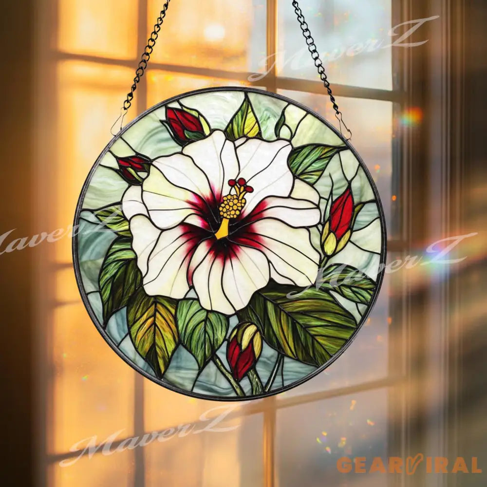 White Hibiscus Stained Glass Suncatcher Elegant Tropical Flower Window Hanging Botanical Floral Decor Gift for Garden
